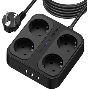 Verlengsnoer 4 voudige USB-stekkerdoos met USB A en USB C - zwart - 5 meter
