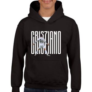 Ronaldo - Kinder Hoodie - Zwart - Maat 134/140 - Hoodie leeftijd 9 tot 10 jaar - Voetbal shirt - Cadeau - Hoodie- CR7 - voetbal - verjaardag - Unisex Kids hoodie - Witte tekst