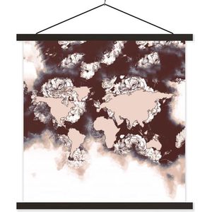Posterhanger incl. Poster 90x90 cm - Schoolplaat - Wereldkaart - Bloemen - Bruin - Textielposter - Zwarte latten