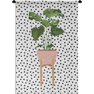 Wandkleed PlantenKerst illustraties - Illustratie van een Monstera plant op een witte achtergrond met zwarte stippen Wandkleed katoen 90x135 cm - Wandtapijt met foto