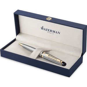 Waterman Expert-balpen | Roestvrij staal met 23-karaats gouden afwerking | Medium punt | Blauwe inkt | met geschenkdoos