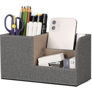 Famanu Bureau-organizer, bureau-organizer van leer, pennenhouder, ruimtebesparend, 3 vakken voor pennen, nietjes, mappen, zelfklevende notities, telefoons (grijs)