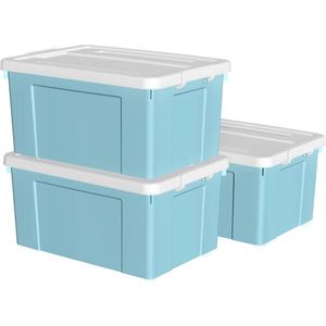 Opbergdozen plastic - 65L x 3 - opbergdoos met deksels - organiserende container - veilige sluitgespen - stapelbaar nestbaar - draagtas - thuiskantoor kleding - 65L-3Pack - blauw luchtdichte opbergbox