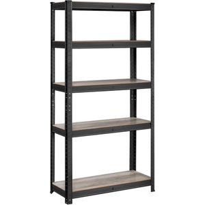 Staande plank, boekenkast, opbergrek, 5 planken, verstelbaar, belastbaar tot 875 kg, voor keuken, woonkamer, grijs en zwart