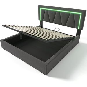 Merax Tweepersoonsbed 140x200 cm inclusief Koudschuim Matras - Bedframe met USB-C en LED-Verlichting - Gestoffeerd Bed met Hydraulische Opbergruimte onder Lattenbodem - Grijs