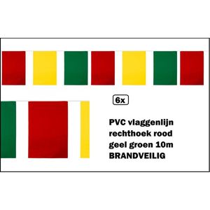 6x PVC Mega vlaggenlijn rechthoek rood geel groen 10m -BRANDVEILIG- Carnaval thema feest party fun optocht Festival