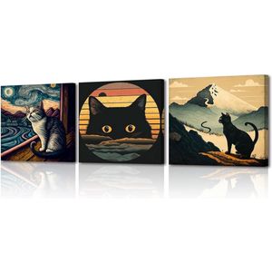 Zwarte-kat-print-op-canvas-3-stuks-wanddecoratie-moderne-foto's-30-x-30-cm-dierenfoto's-HD-afbeelding