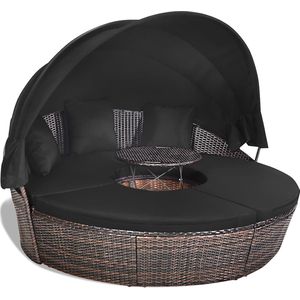 Rotan zonne-eiland met opvouwbaar zonnedak, polyrotan lounge set incl. kussen & in hoogte verstelbare salontafel, outdoor zonnebed, tuinligstoel, voor tuin, terras, veranda (zwart)