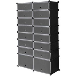 Schoenenkast - 16 Kubus Schoenenrek met Deur - Modulaire Schoenenopslag - Kunststof Opbergkast - Flexibel Schoenenmeubel - Voor Hal, Slaapkamer of Woonkamer - Zwart - 94x160x35 cm