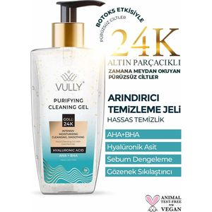 VULLY Intensieve Zuiverende Hydraterende Roriënverstevigende Verzachtende AHA + BHA Hyaluronzuur Gezichtsreinigingsgel met 24k Gouden Deeltjes 200 ml