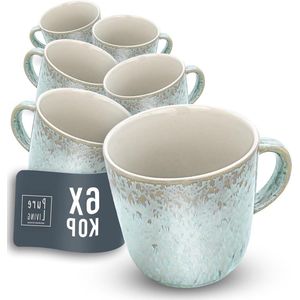 6-delige Hoogwaardige Steengoed Koffiemokken Set - Vaatwasser- en Magnetronbestendig - Krasvast - Modieuze Thee- en Koffiebekers - Pure Living Servies in Licht Beige-Blauw koffiekopjes set van 6