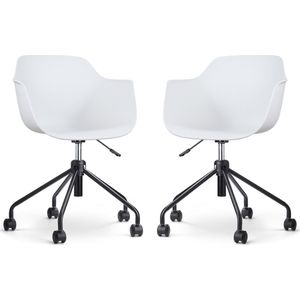 Nolon Nout-Puk Bureaustoelen Set van 2 Wit - met Armleuning - Kunststof Zitting - Verstelbaar - Wieltjes - Zwart Onderstel