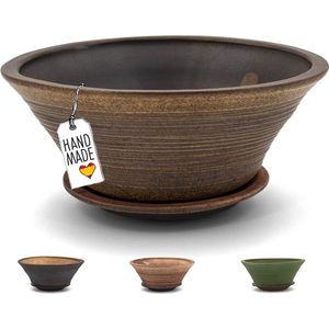 Bonsai schaal met schotel van steengoed keramiek (handgemaakt, vorstbestendig, 18 cm, rond, bruin) | Bonsaipot | Bonsai Bowl - Kies bijpassende kleur