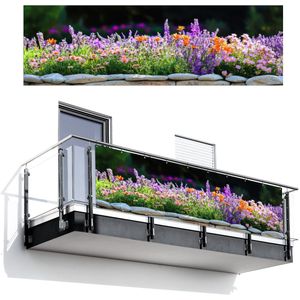 Balkonscherm 300x95 cm - Balkonposter Bloemen - Steenrand - Kleurrijk - Balkon scherm decoratie - Balkonschermen - Balkondoek zonnescherm