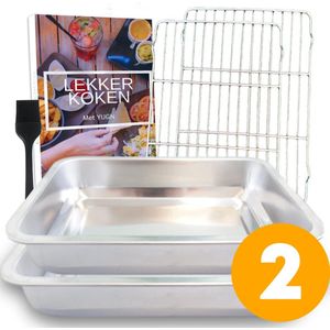 YUGN COMBI Set Braadslede Ovenschaal Combi Braadslee Oven Set - 2x Braadslede Met Rooster Voor Ovengerechten - 36x27x7CM en 40x30x7CM en Inclusief Bakkwast - Cadeautip