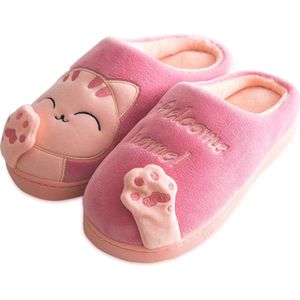 Geweo Home Sloffen - Pantoffels - Open Sloffen - Koraal Fleece Pantoffels Dames - Antislip - Leuk Katje - Kerstmis - Kerstfeest - Christmas Gift  - Roze - Maat 39/40