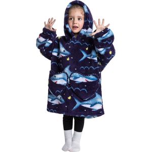 Haaien fleece hoodie deken met mouwen - fleece poncho voor kinderen – hoodie deken met mouwen - fleece plaid met mouwen - kids 3/7 jaar – maat 98/128 – lengte 60 cm – warm & zacht – relax outfit kids – zwart - Badrock