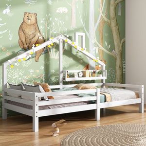 Kinderhuis Bedframe 90x200-Halfgesloten bedframe met valbeveiliging en lattenbodem -Houten kinderbed met opbergplank haardvorm- wit