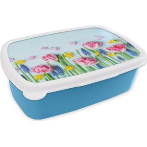 Broodtrommel Blauw - Lunchbox - Brooddoos - Stilleven - Bloemen - Lente - 18x12x6 cm - Kinderen - Jongen