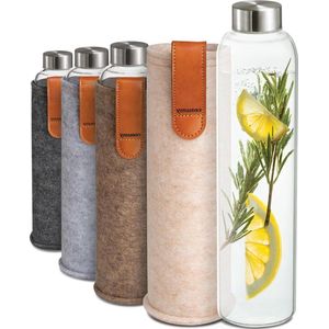 VD WEIDE ENTERPRISE - Waterfles met Vilt Hoes - Glazen - 750ml - Lekvrij - Vaatwasserbestendig - BPA-vrij - Koolzuurhoudende dranken - Beige .