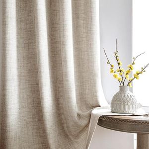 Famanu Gordijnen met plooiband, beige, linnenlook, halfvrije gordijnen, set van 2, 225 x 140cm