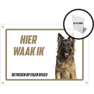 Waakbord/ bord alu di-bond | ""Hier waak ik!"" | 30 x 20 cm | Duitse Herder | Aluminium bord | Met 4 boorgaten | Herdershond | Dog | Waakhond | Hond | Betreden op eigen risico | Afschrik | Mijn huisdier | Roestvrij | 1 stuk