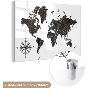 MuchoWow® Glasschilderij 60x40 cm - Schilderij acrylglas - Wereldkaart - Zwart - Wit - Koper - Foto op glas - Schilderijen