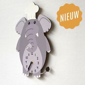 Kinderklok Olifant grijs | STIL UURWERK | dieren wandklok van hout kinderkamer en babykamer | decoratie accessoires jungle | jongens en meisjes slaapkamer