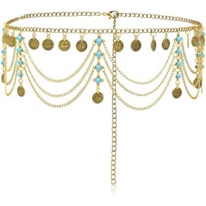 Body chains turquoise coin waist chain in ethnic style multi-layer alloy body chain fashion suit dress accessories belt (gold) - 1CM Precious Metal Cinnabar