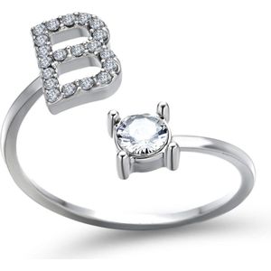 Ring met letter B - Ring met steen - Aanschuifring - Zilver kleurig - Ring Zilver dames - Cadeau voor vriendin - Vrouw - Sieraad meisje - Mooie ring tieners - Alfabet ring B - Ring met initiaal