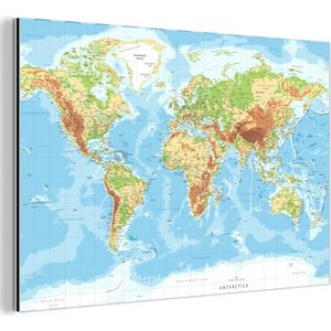 Wanddecoratie Metaal - Aluminium Schilderij Industrieel - Wereldkaart - Atlas - Topografie - 60x40 cm - Dibond - Foto op aluminium - Industriële muurdecoratie - Voor de woonkamer/slaapkamer