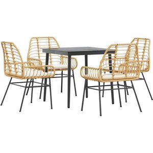 vidaXL - 5-delige - Tuinset - met - kussens - poly - rattan - glas - bruin