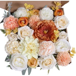 Kunstbloemkoppen, rozen, pioenrozen, dahlia's, bloemhoofden, zijden bloemen, kunstbloemen voor feest, doe-het-zelf bruid, bruiloft, bloemstukken, combo decoratie (warm oranje)