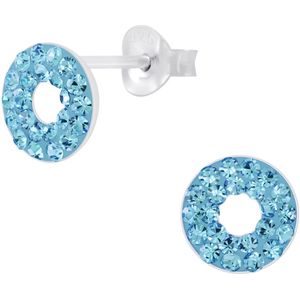Joy|S - Zilveren cirkel oorbellen - 8 mm rond - kristal blauw - donut oorknoppen
