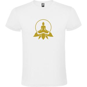 Wit T shirt met print van "" Boeddha in cirkel op lotusbloem "" print Goud size M