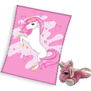 Unicorn Fleeceplaid Pink - 150 x 200 cm - Coral Fleece - inclusief knuffel - unicorn - 22 cm