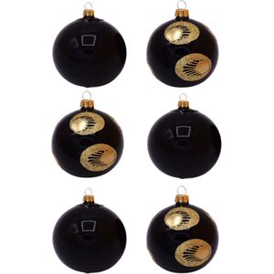 Zwarte Kerstballen met Ronde Gouden Glitter Decoratie en effen glanzend zwart - Doosje met 6 glazen kerstballen