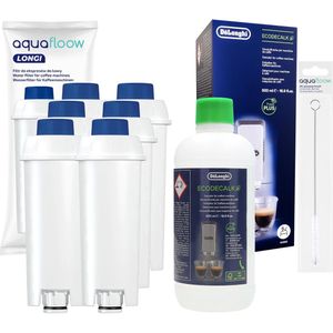 Aquafloow, 6x waterfilter voor koffiezetapparaten, filterpatroon compatibel met Delonghi SER3017 DLS C002, + 1x ontkalker, DeLonghi EcoDacalk 500ml + 1x reinigingsborstel, set