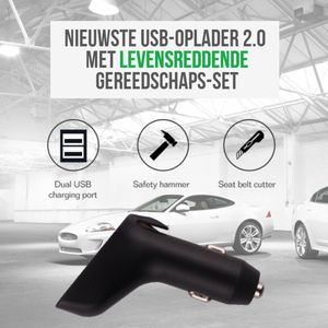 Allernieuwste 3-in-1 Autolader 2 USB Poorten - Lifehammer auto - Veiligheidshamer Gordelsnijder Ruitenbreker - 12V-24V 2.4A x2