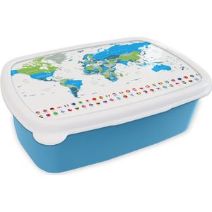 Broodtrommel Blauw - Lunchbox - Brooddoos - Wereldkaart - Vlag - Blauw - Groen - 18x12x6 cm - Kinderen - Jongen