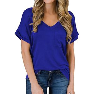 ASTRADAVI Casual Wear - Dames V-Hals T-Shirts met Borstzakje - Trendy Opgerolde Mouwen - Koningsblauw / X-Large