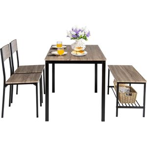 Eettafelset 4-delig, keukentafel met 2 stoelen en 1 bank en plank, eetgroep, zitgroep, industrie, eetkamertafel, metalen frame, bartafelset voor keuken en eetkamer (grijs)