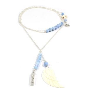 Heaven Eleven dames Ketting zilver plating - sky blauw kralen - wit hertegewei vleugel