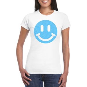 Bellatio Decorations Verkleed shirt dames - Smile / Emoticon - wit - carnaval/foute party - feestkleding M