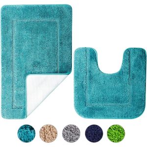 2-delige Badmat Set, Turquoise, Microvezel Zacht, Antislip, 53 x 86 cm en 50 x 50 cm