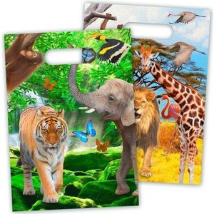 16x Safari/jungle themafeest feestzakjes 16,5 x 23 cm - Dieren feestartikelen thema uitdeelzakjes