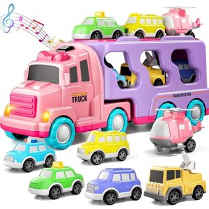 Interactie Vrachtwagen Speelset met Licht en Geluiden - Frictie Aangedreven Auto's en Helicopter - Inclusief Mini Voertuigen en Afneembare Trailer - Speelgoedset voor Jongens en Meisjes 3+ - Perfect als Cadeau voor Feestdagen en Verjaardagen