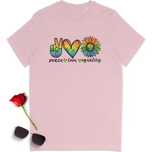 Gay Pride t shirt - Pride tshirt - Peace Love Equality - Dames tshirt met print - Heren t shirt met Pride opdruk - Unisex Pride Shirt - Unisex maten: S M L XL XXL XXXL - tshirt kleuren: Wit,  geel, oranje, roze en rood.