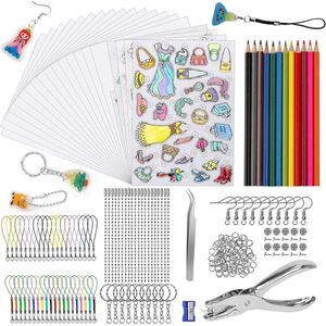 Famanu 225 Stuks Warmtekrimpplastic vel Kit, Krimpfolie A4 krimppapier 20 Stuks transparant, met Potloden, Perforator, Sleutelhangers Accessoires voor Doe-het-zelf Creatief Handwerk (A4 transparant)