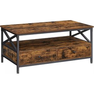 In And OutdoorMatch Salontafel Mossie - Woonkamer - Banktafel - voor Woonkamer - met Laden - X-vormige Bars - Open Planken - Industrieel Design - Vintage Bruin/Zwart